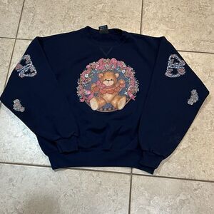 Soffe Sweatshirt Floral Heart Bear‎ Navy Adult Size Large Vintage 90's